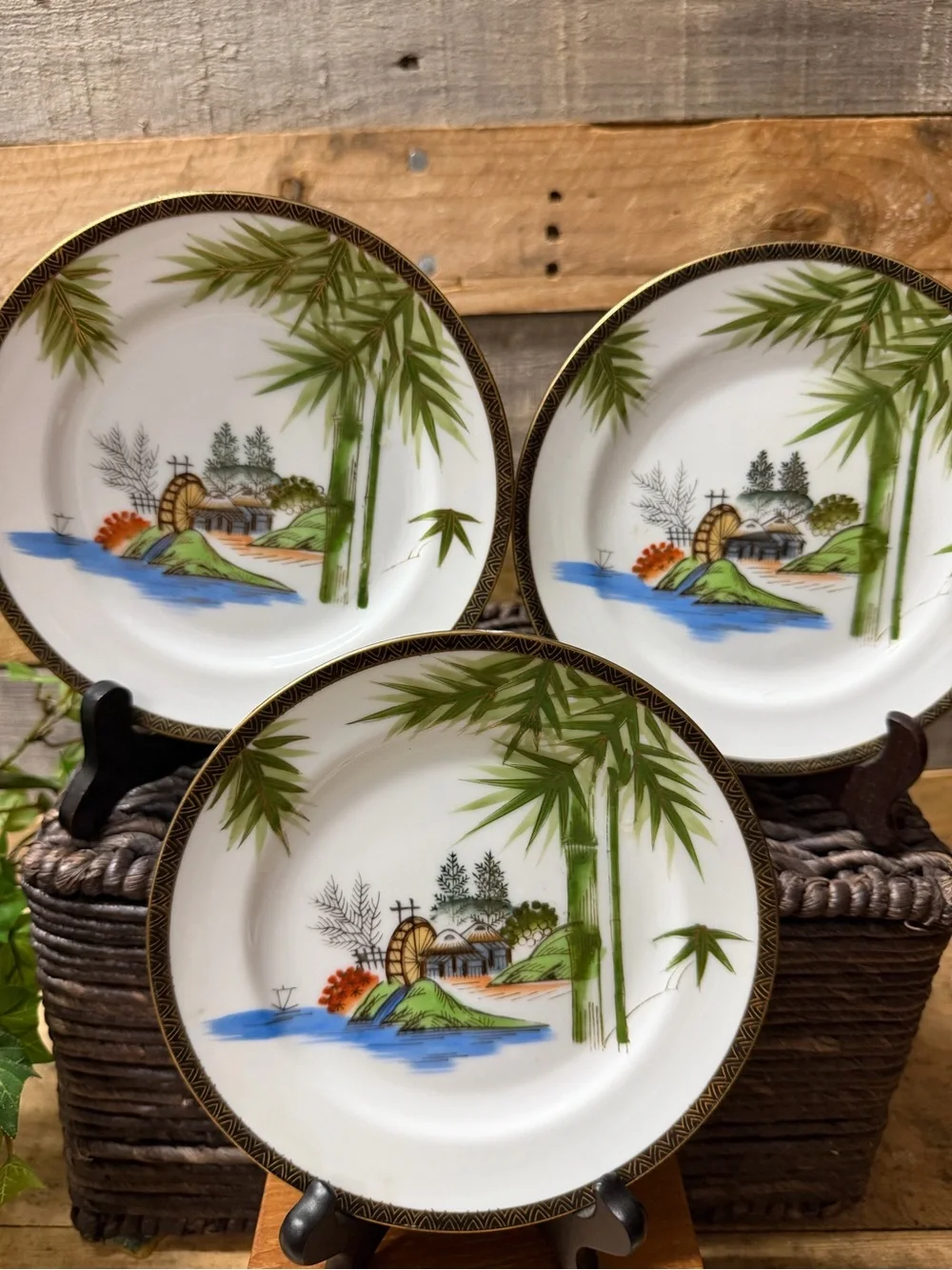 Set of  3 Vintage Hayasi Fine China Asian Bamboo Motif Dessert Plates